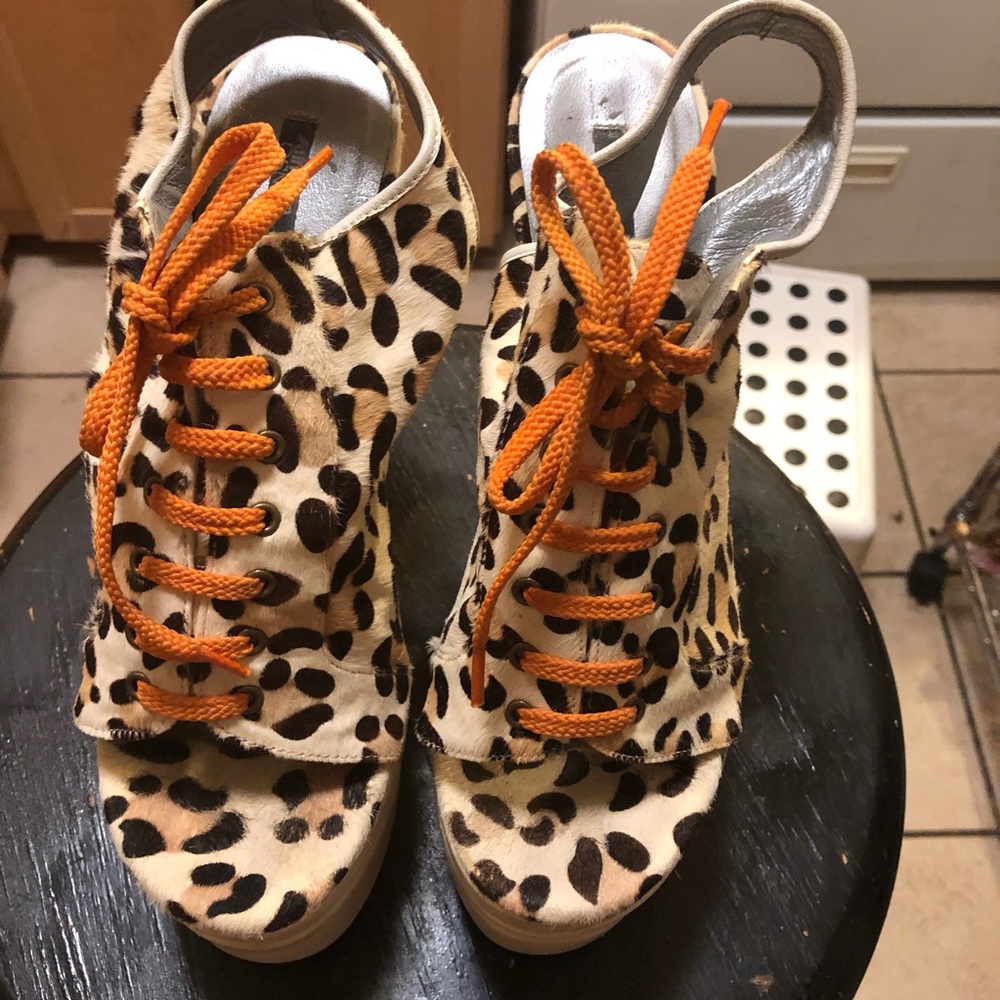 Leopard print, orange, white suede wedges